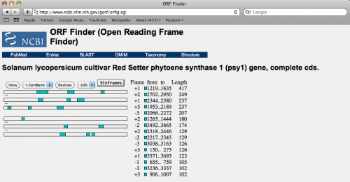 Possible Open Reading Frames identified in the PSY1 gene of tomato